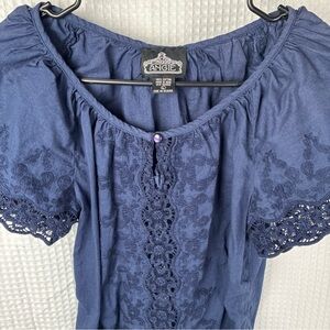 Angie Embroidered Cotton Midnight Blue Top L Whimsigoth Dark Femme Flirty Peek
